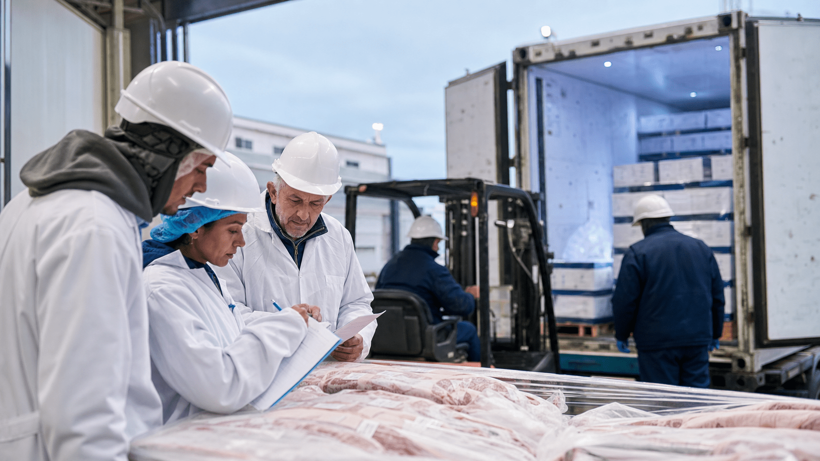 Inspectores sanitarios supervisan un embarque refrigerado de carne vacuna