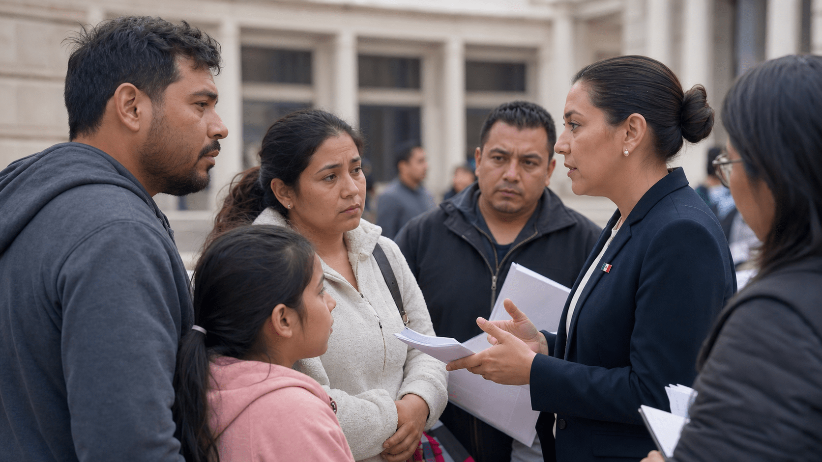 Personal consular mexicano orienta a una familia frente a un edificio institucional