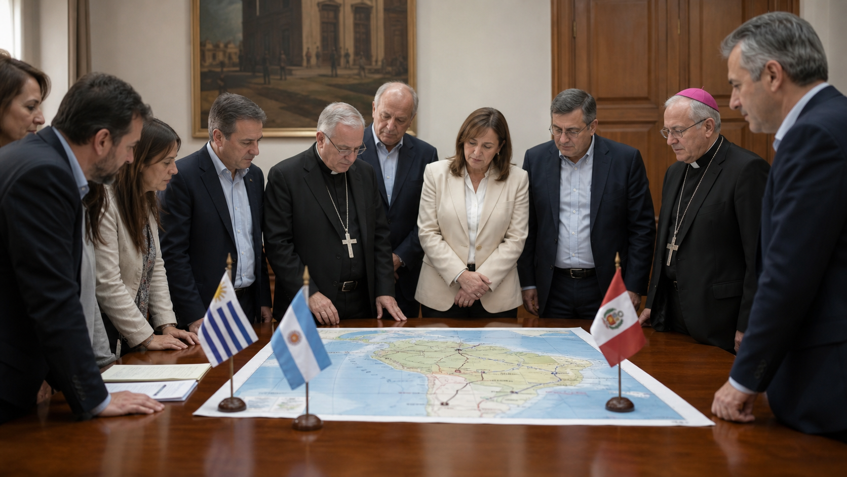 Funcionarios y representantes religiosos revisan un mapa de la visita papal a Uruguay, Argentina y Perú