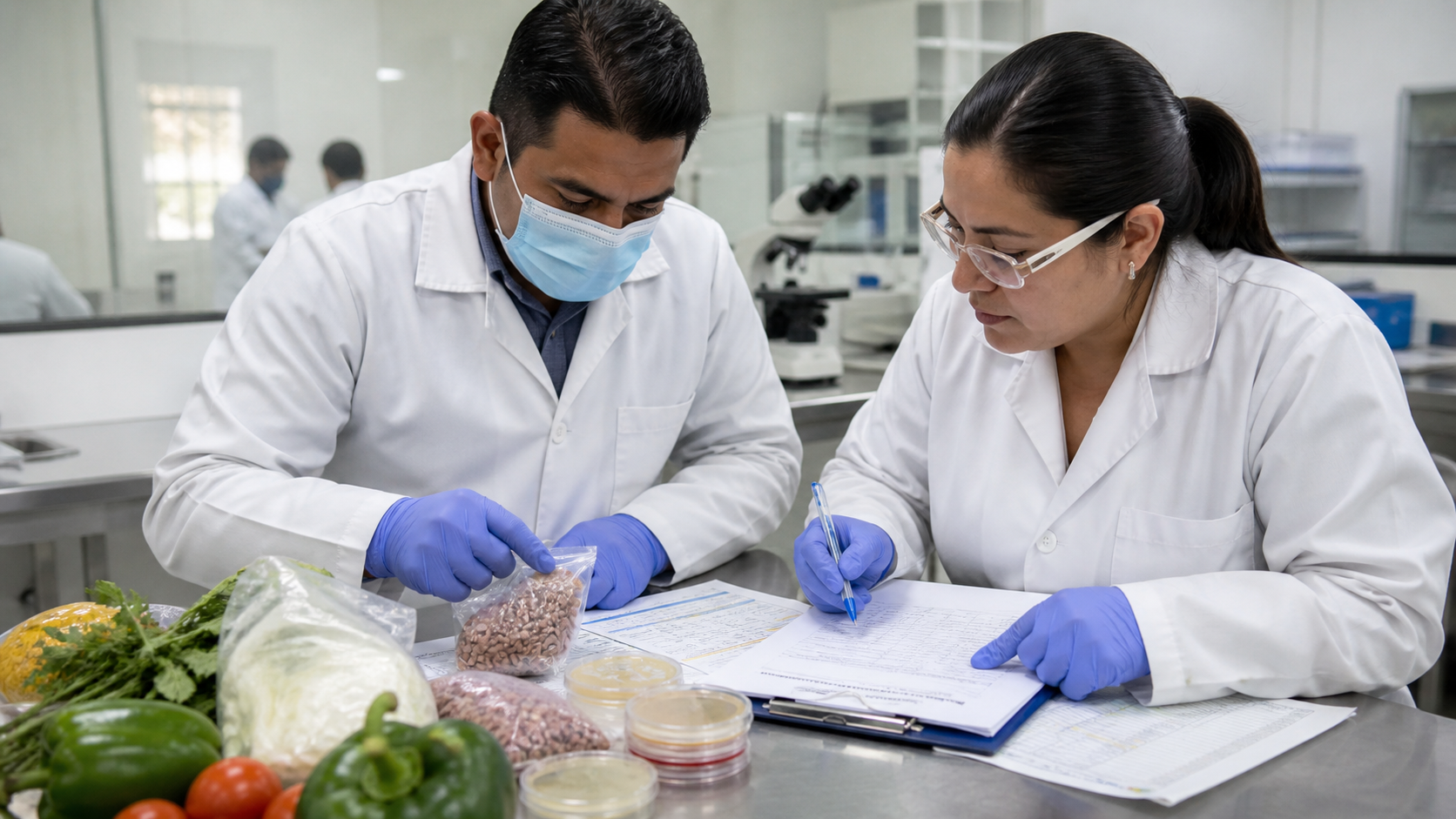 Personal sanitario mexicano analiza muestras de alimentos en un laboratorio de vigilancia epidemiológica